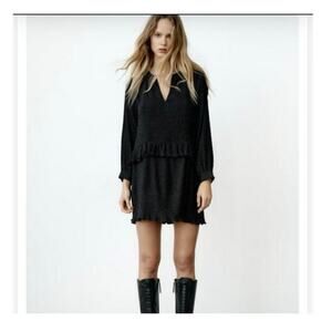 Zara Mini Ruffle Black Polka Dot Dress size XS